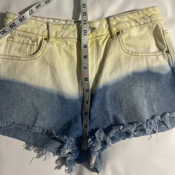 Pacsun High Rise Frayed Hem Yellow & Blue Festival Jean Shorts - Picture 8 of 9